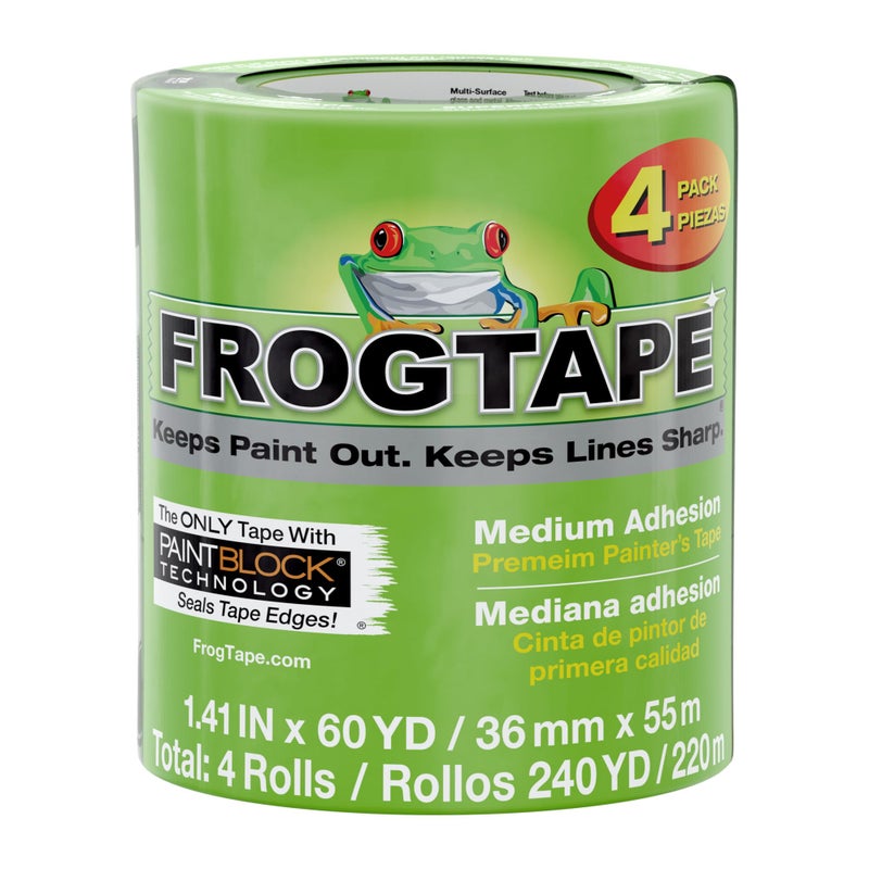 FrogTape Multi-Surface Painters Tape with PAINTBLOCK, 1.5 Inch Wide (1.41 In. x 60 Yds), Medium Adhesion, Green, 4 Rolls (240660) - Image 1
